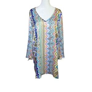 Jean-Pierre Klifa Colorful Bell Sleeve Tunic Top Boho Lightweight Silk Cute Sz L